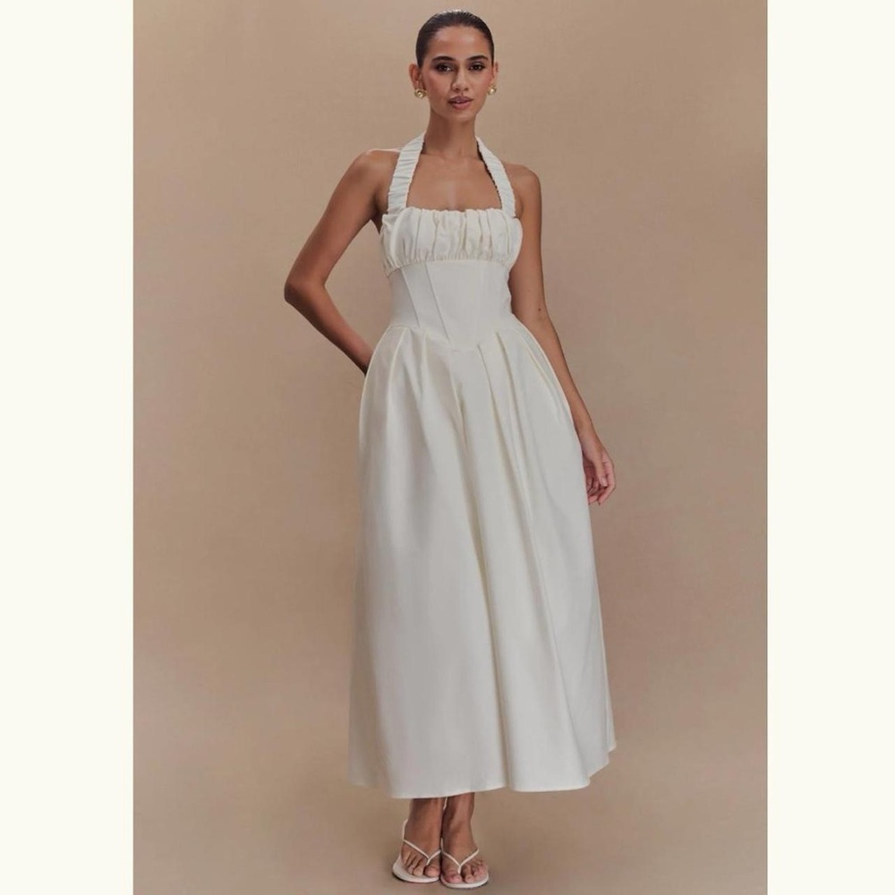Meshki White Pleated Halter Midi Dress